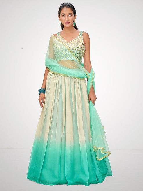 Blue & Cream Embellished Semi-Stitched Lehenga Choli With Dupatta