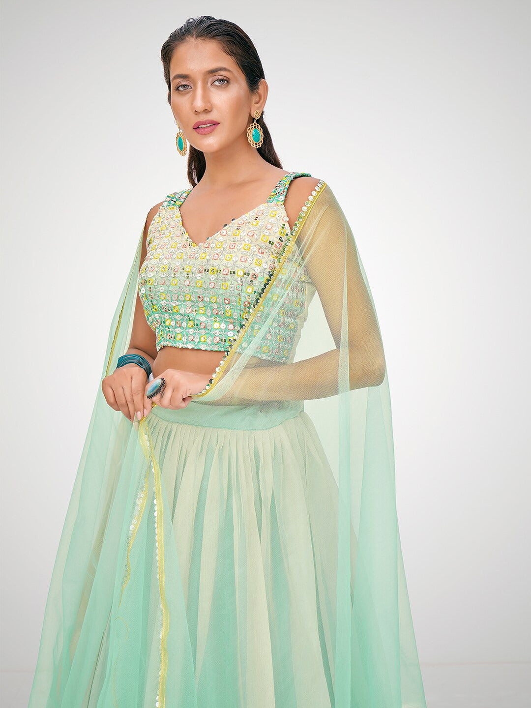 Blue & Cream Embellished Semi-Stitched Lehenga Choli With Dupatta