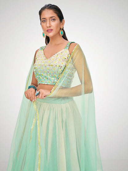 Blue & Cream Embellished Semi-Stitched Lehenga Choli With Dupatta