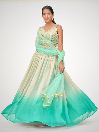 Blue & Cream Embellished Semi-Stitched Lehenga Choli With Dupatta
