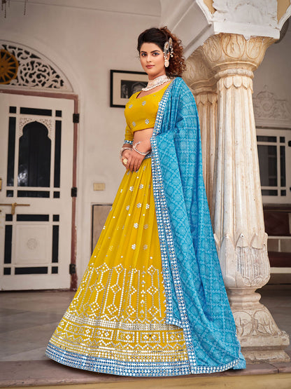Yellow & Blue Designer Georgette Embroidered Lehenga Choli