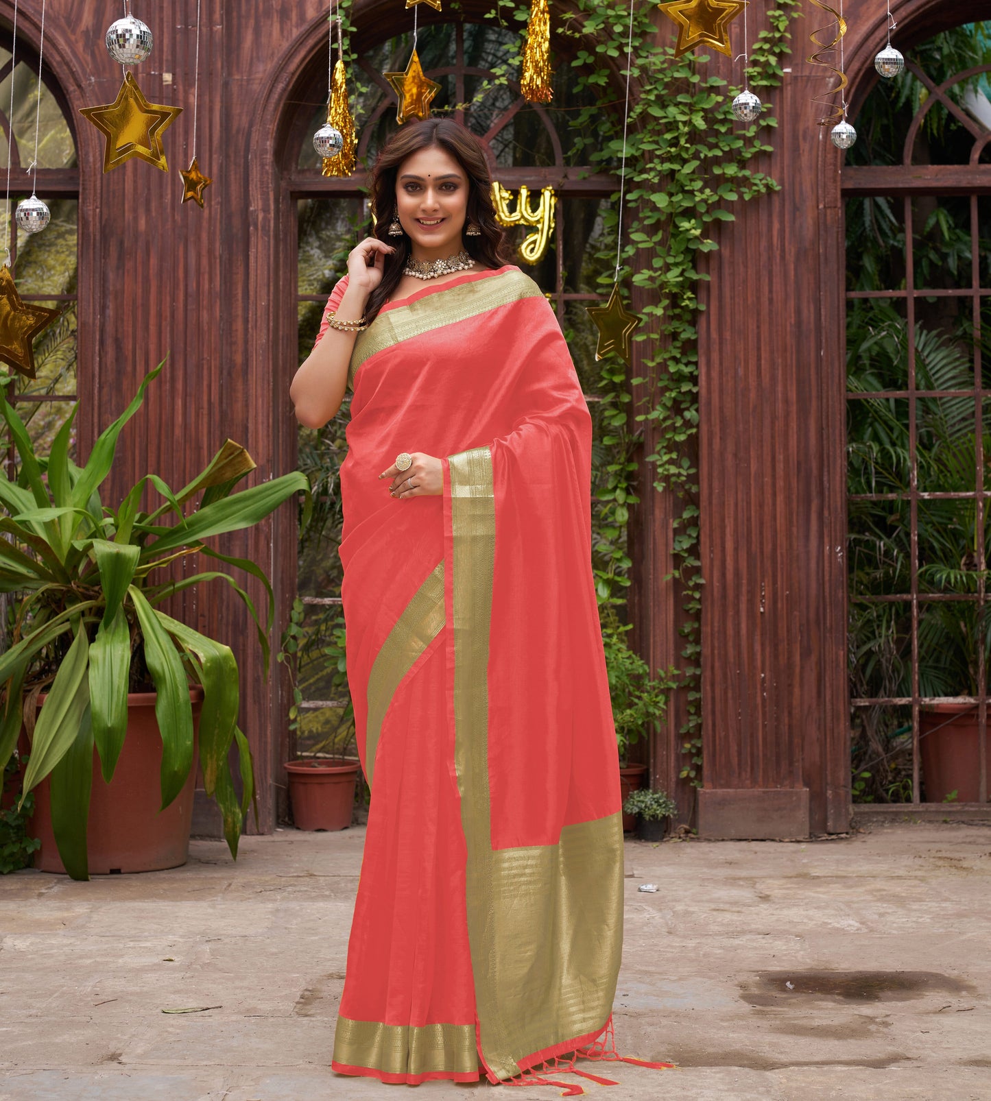 Coral Silk Couple Wear Saree with Kurta