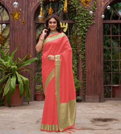 Coral Silk Couple Wear Saree with Kurta