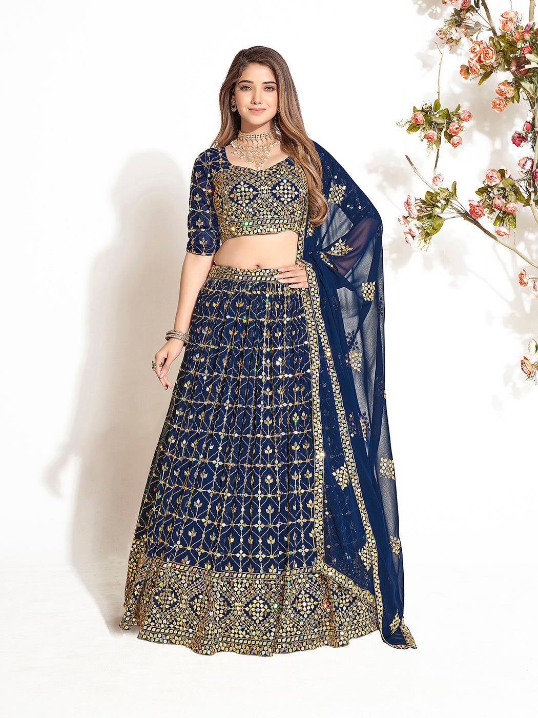 Fancy Navy Blue Georgette Embroidered Wedding Lehenga Choli