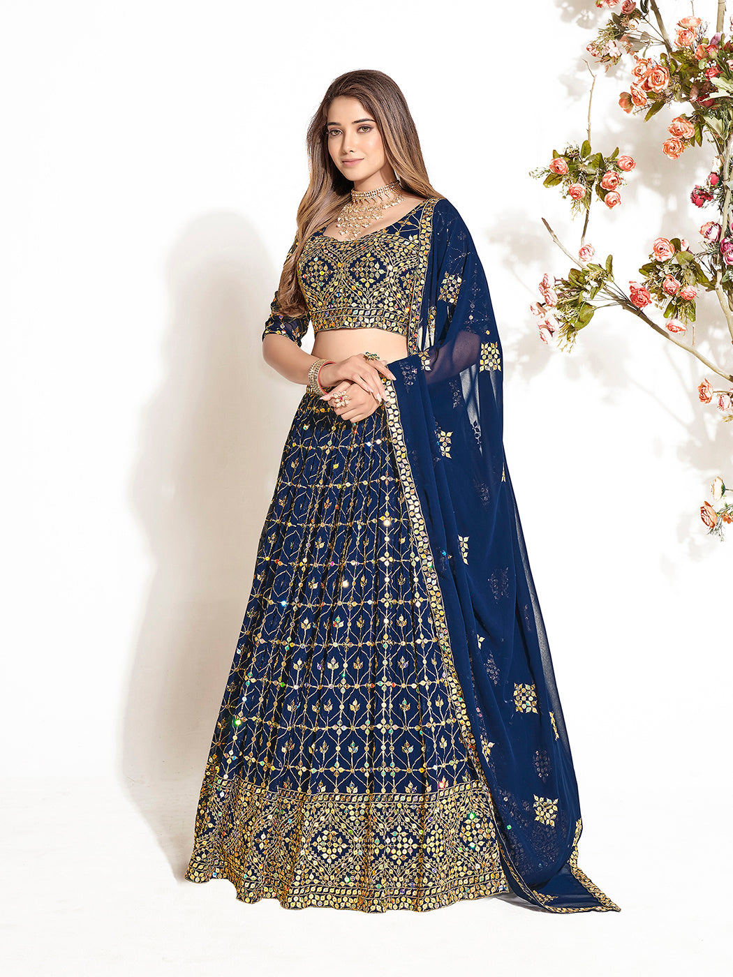 Fancy Navy Blue Georgette Embroidered Wedding Lehenga Choli