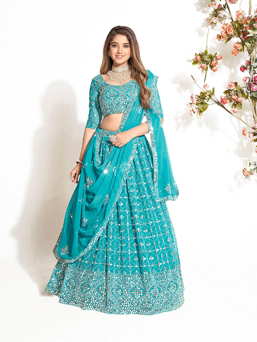 Light Blue Georgette Embroidered Wedding Lehenga Choli