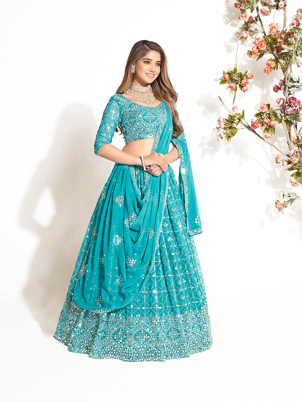 Light Blue Georgette Embroidered Wedding Lehenga Choli