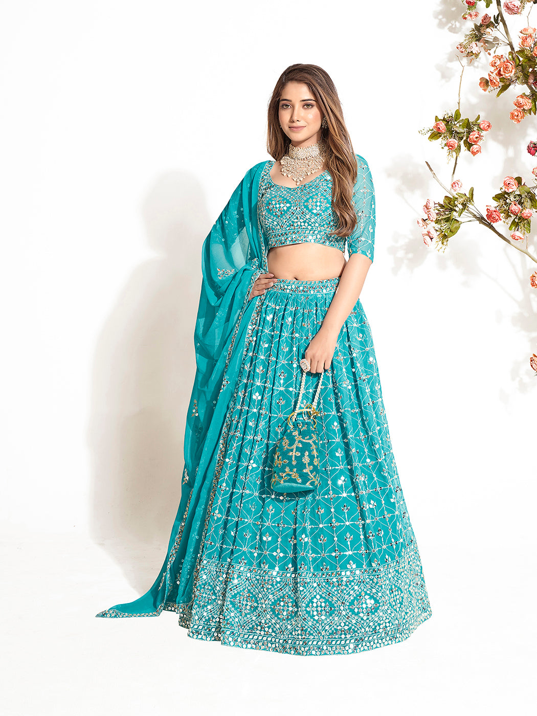 Light Blue Georgette Embroidered Wedding Lehenga Choli