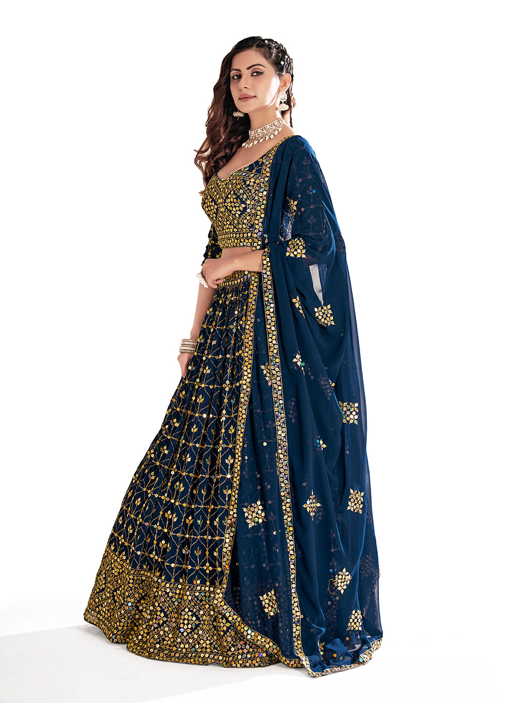 Navy Blue Georgette Embroidered Wedding Lehenga Choli
