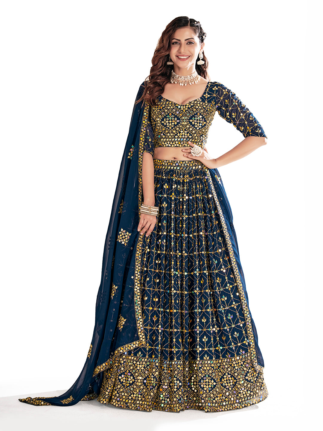 Navy Blue Georgette Embroidered Wedding Lehenga Choli