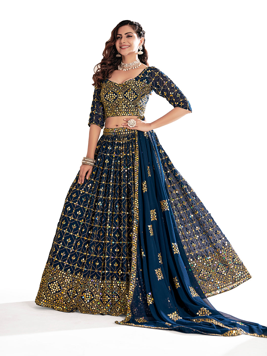Navy Blue Georgette Embroidered Wedding Lehenga Choli