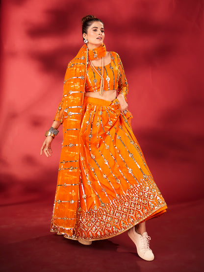 Flame Orange Embroidered Soft Net Lehenga Choli