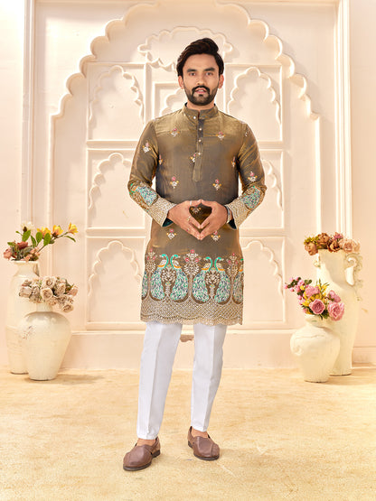 Light Golden Colour Fendi Silk  Sequins And Embroidery Lehenga And Kurta  Couple Set