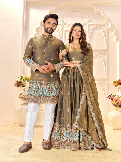 Light Golden Colour Fendi Silk  Sequins And Embroidery Lehenga And Kurta  Couple Set