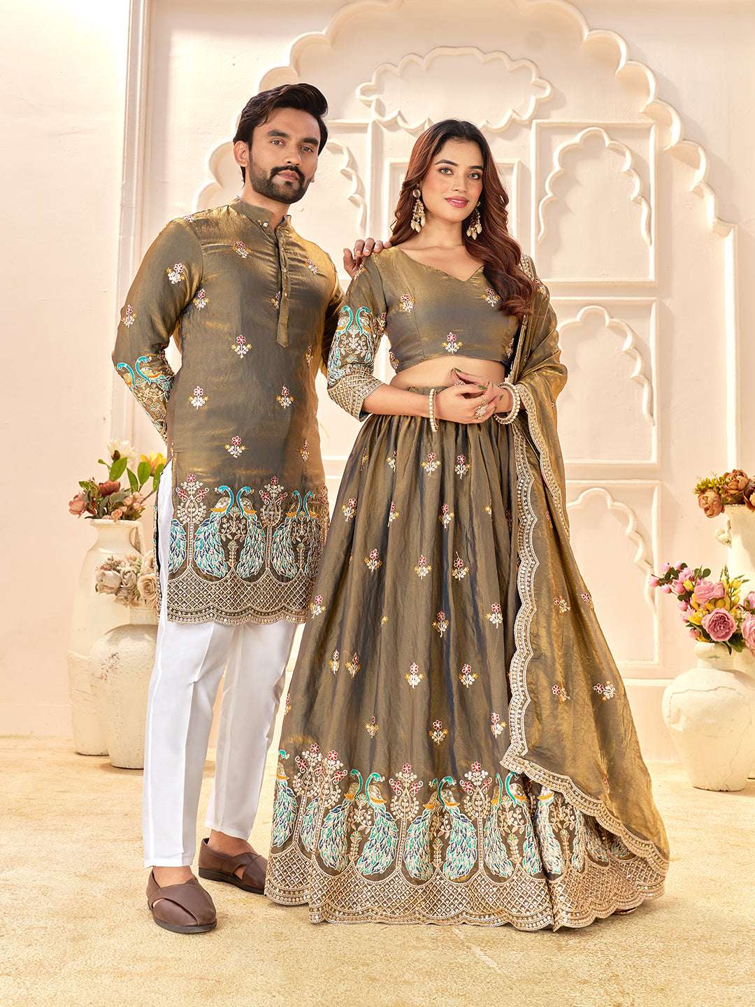 Light Golden Colour Fendi Silk  Sequins And Embroidery Lehenga And Kurta  Couple Set