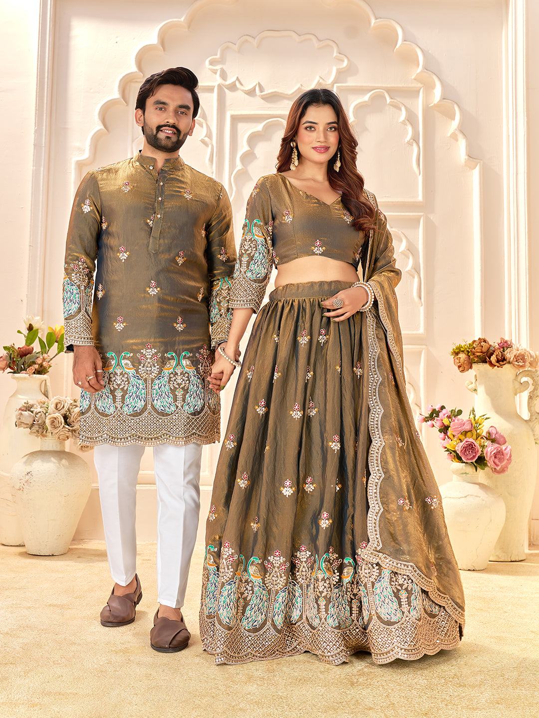 Light Golden Colour Fendi Silk  Sequins And Embroidery Lehenga And Kurta  Couple Set