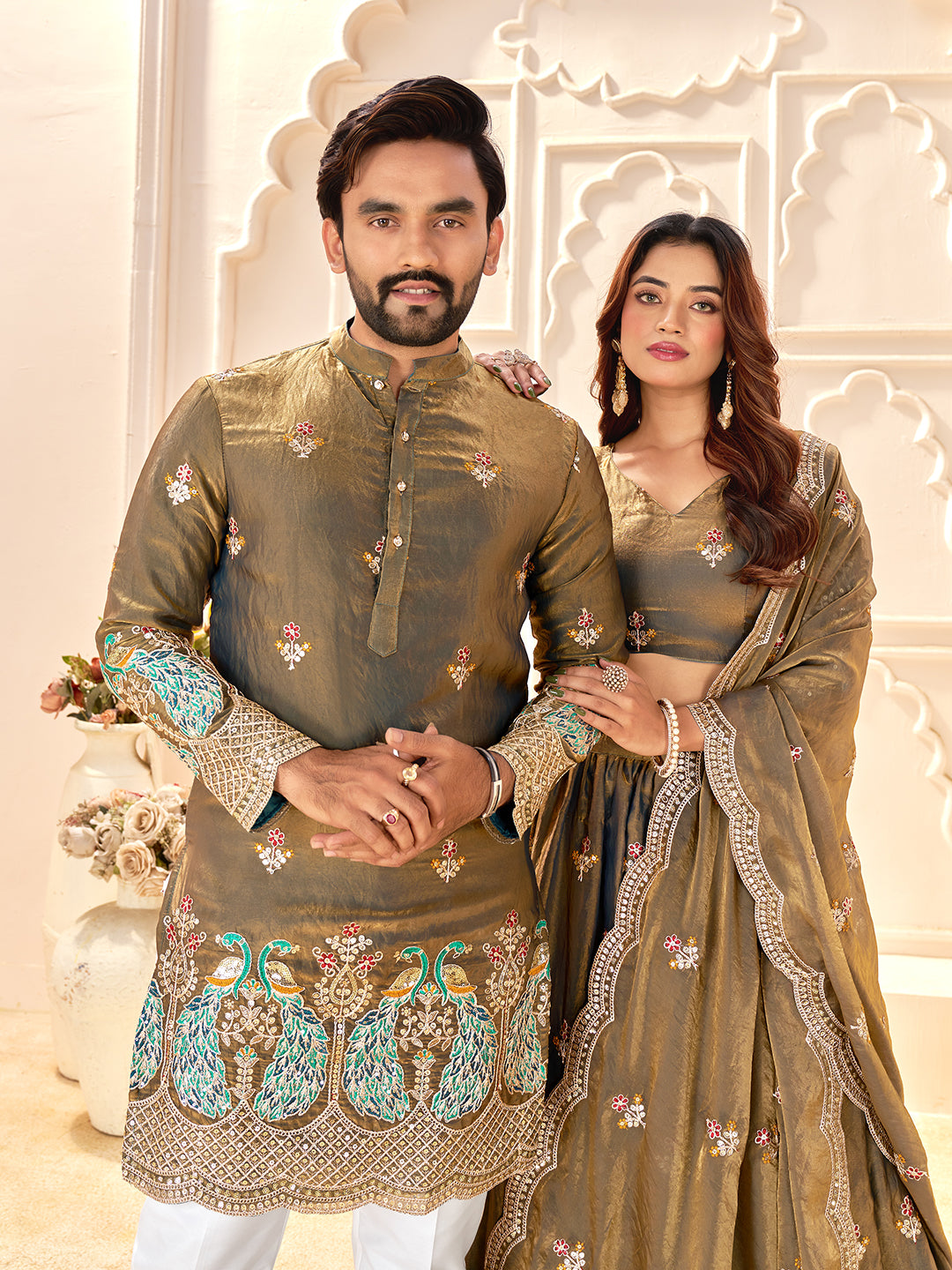 Light Golden Colour Fendi Silk  Sequins And Embroidery Lehenga And Kurta  Couple Set