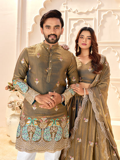 Light Golden Colour Fendi Silk  Sequins And Embroidery Lehenga And Kurta  Couple Set