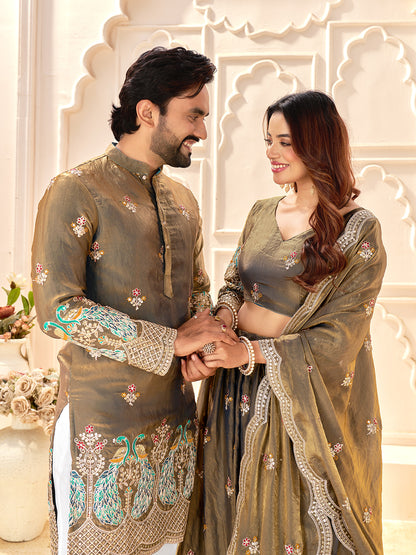 Light Golden Colour Fendi Silk  Sequins And Embroidery Lehenga And Kurta  Couple Set