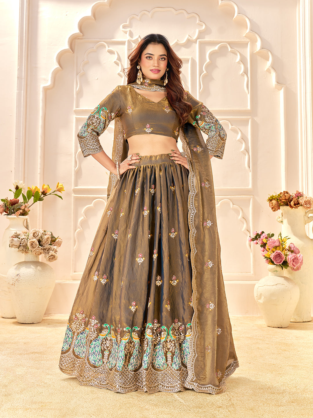Light Golden Colour Fendi Silk  Sequins And Embroidery Lehenga And Kurta  Couple Set