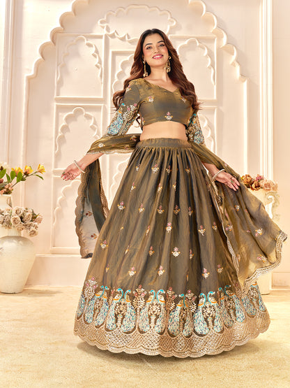 Light Golden Colour Fendi Silk  Sequins And Embroidery Lehenga And Kurta  Couple Set