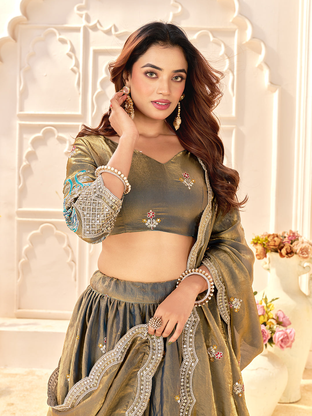 Light Golden Colour Fendi Silk  Sequins And Embroidery Lehenga And Kurta  Couple Set