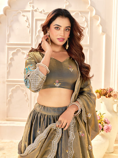 Light Golden Colour Fendi Silk  Sequins And Embroidery Lehenga And Kurta  Couple Set