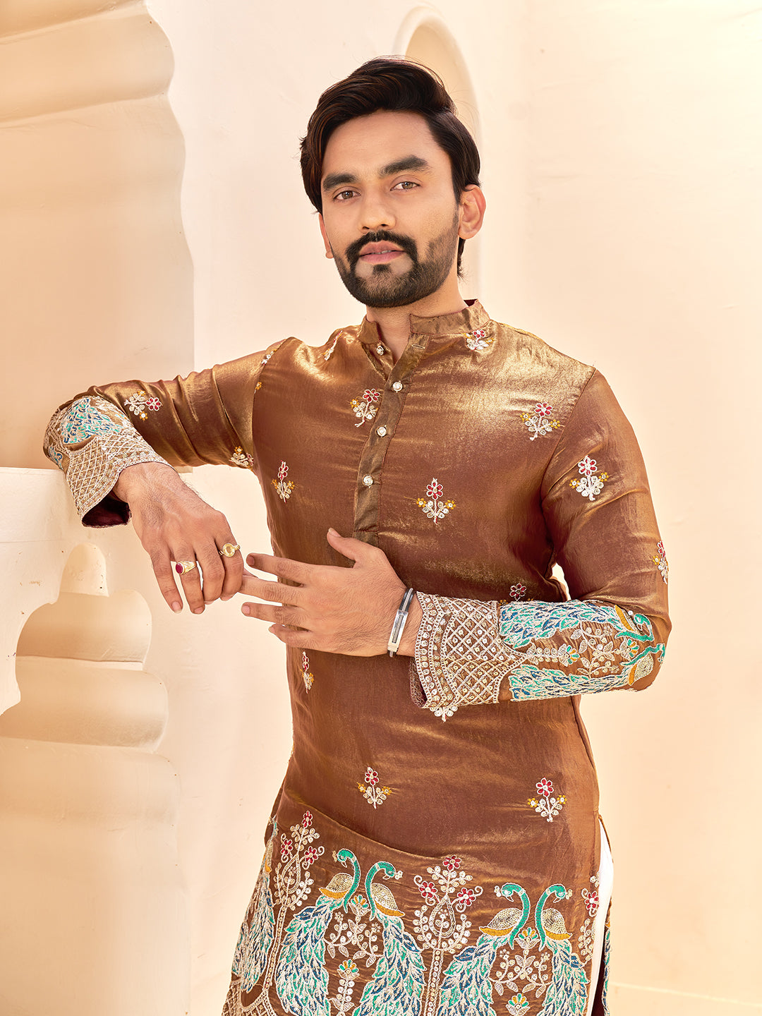 Brown Color Fendi Silk  Sequins And Embroidery Lehenga And Kurta  Couple Set