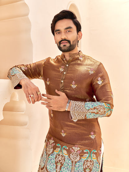 Brown Color Fendi Silk  Sequins And Embroidery Lehenga And Kurta  Couple Set