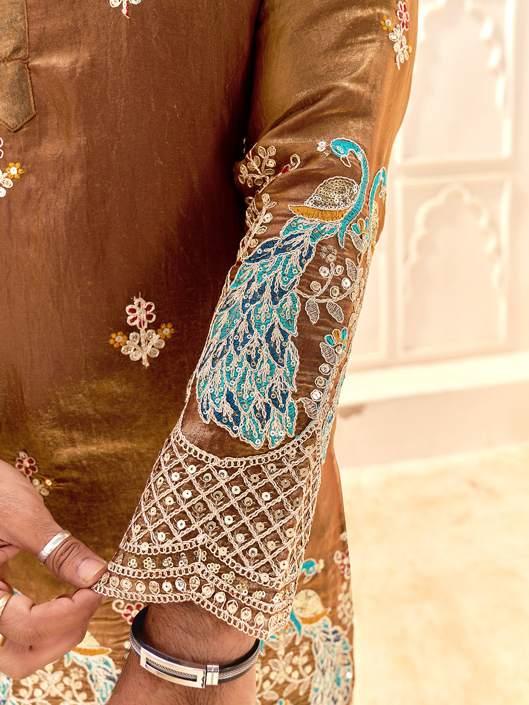 Brown Color Fendi Silk  Sequins And Embroidery Lehenga And Kurta  Couple Set