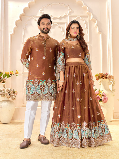 Brown Color Fendi Silk  Sequins And Embroidery Lehenga And Kurta  Couple Set