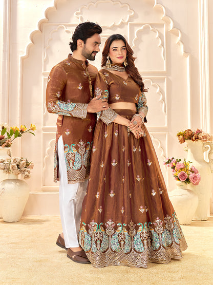 Brown Color Fendi Silk  Sequins And Embroidery Lehenga And Kurta  Couple Set