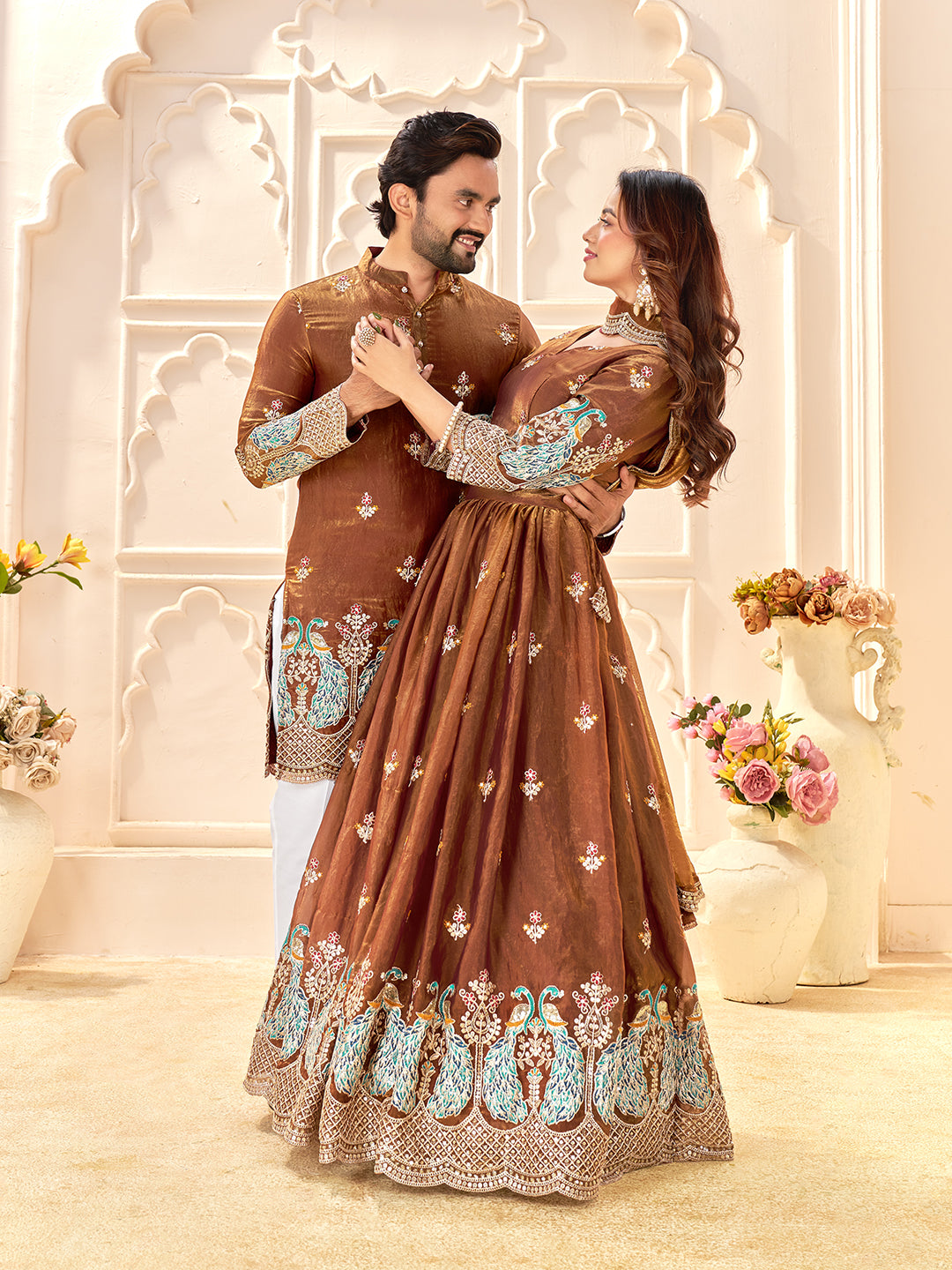 Brown Color Fendi Silk  Sequins And Embroidery Lehenga And Kurta  Couple Set