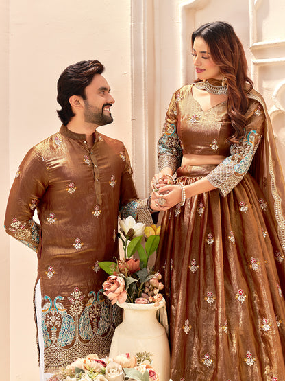Brown Color Fendi Silk  Sequins And Embroidery Lehenga And Kurta  Couple Set