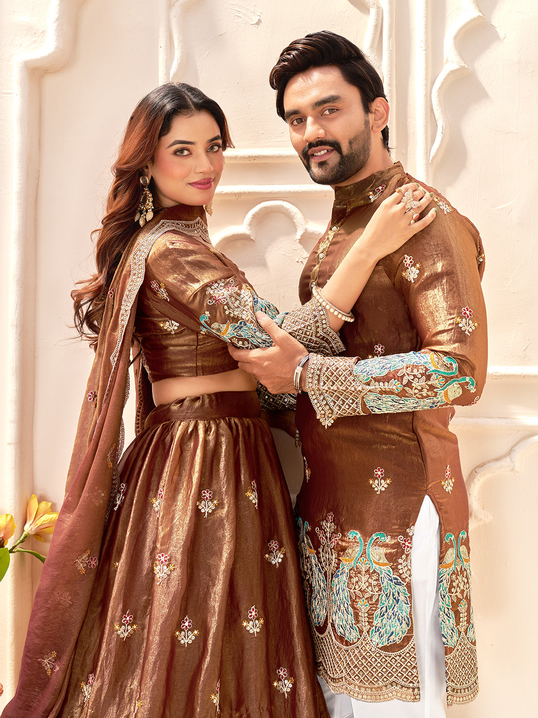 Brown Color Fendi Silk  Sequins And Embroidery Lehenga And Kurta  Couple Set
