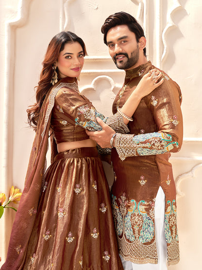 Brown Color Fendi Silk  Sequins And Embroidery Lehenga And Kurta  Couple Set