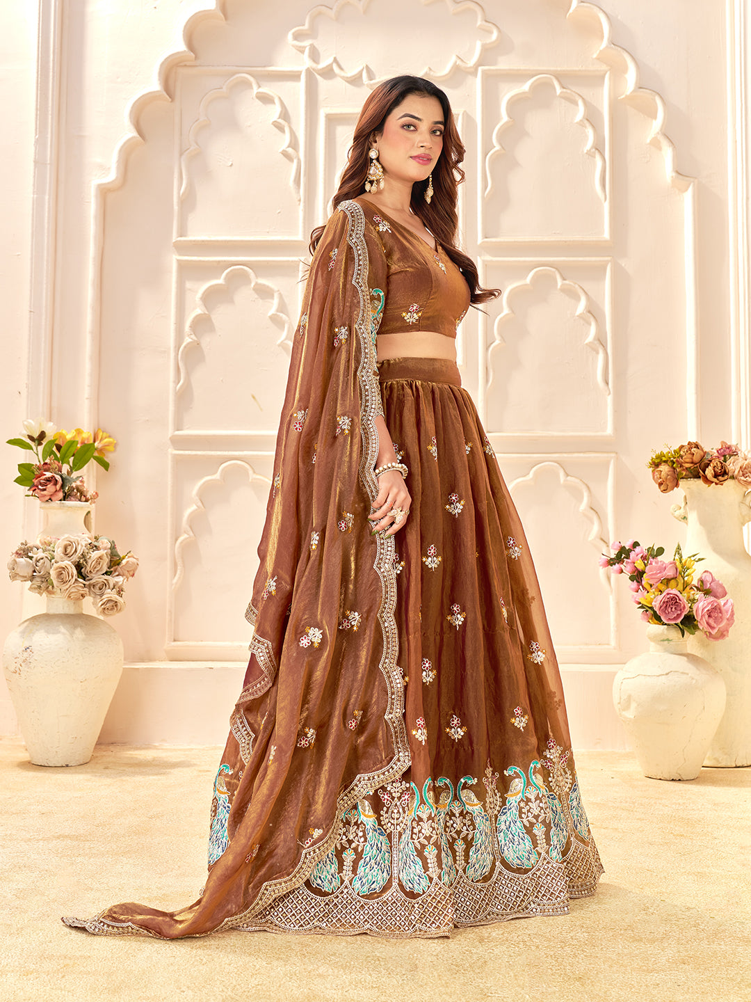 Brown Color Fendi Silk  Sequins And Embroidery Lehenga And Kurta  Couple Set