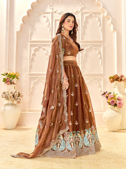 Brown Color Fendi Silk  Sequins And Embroidery Lehenga And Kurta  Couple Set