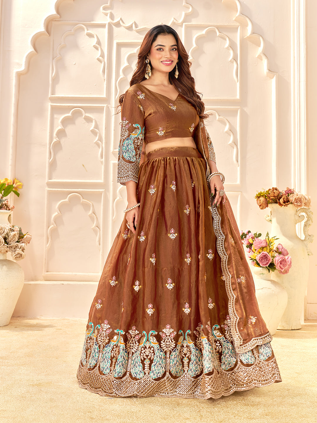 Brown Color Fendi Silk  Sequins And Embroidery Lehenga And Kurta  Couple Set