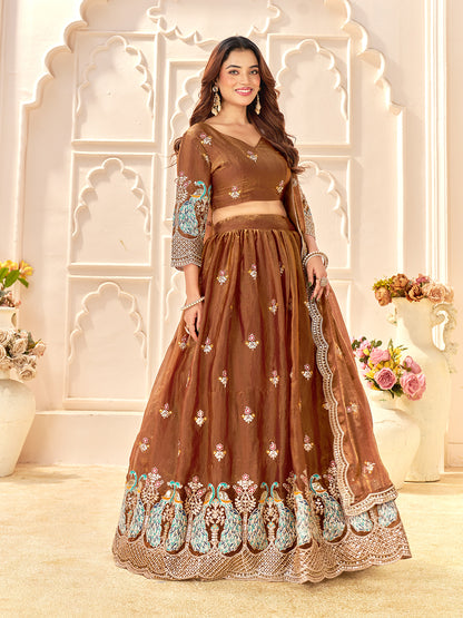 Brown Color Fendi Silk  Sequins And Embroidery Lehenga And Kurta  Couple Set