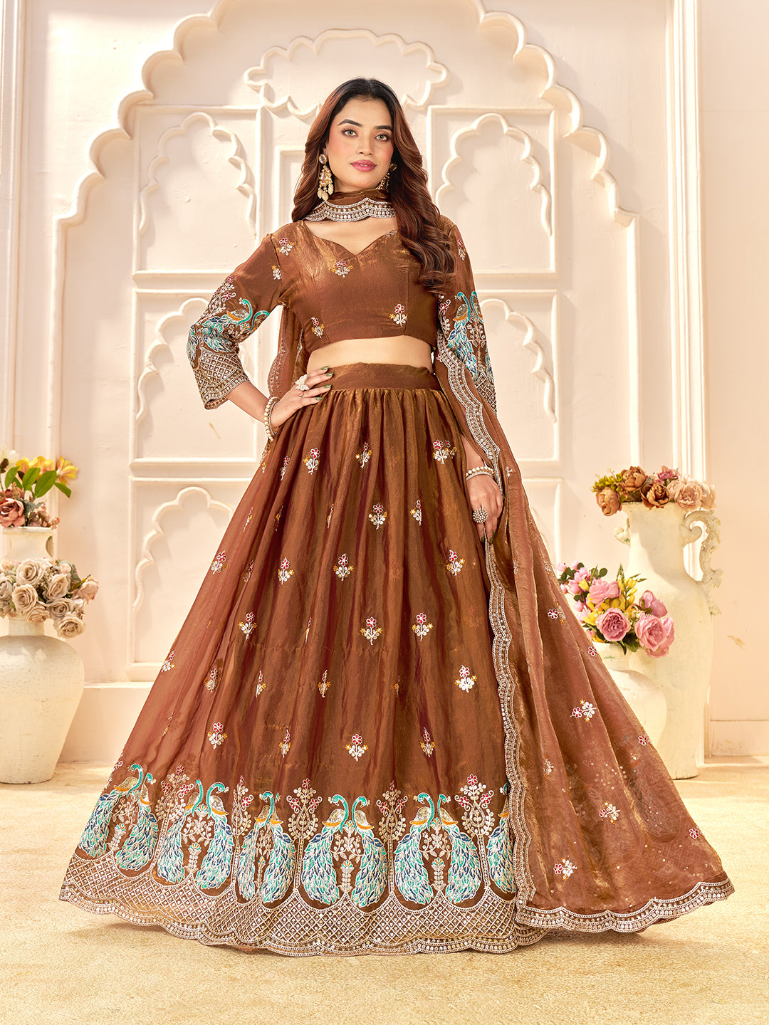 Brown Color Fendi Silk  Sequins And Embroidery Lehenga And Kurta  Couple Set