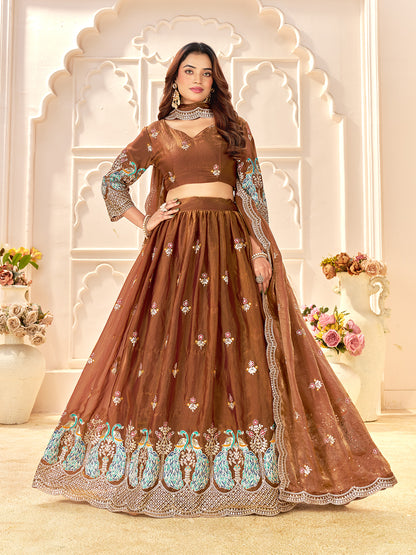 Brown Color Fendi Silk  Sequins And Embroidery Lehenga And Kurta  Couple Set