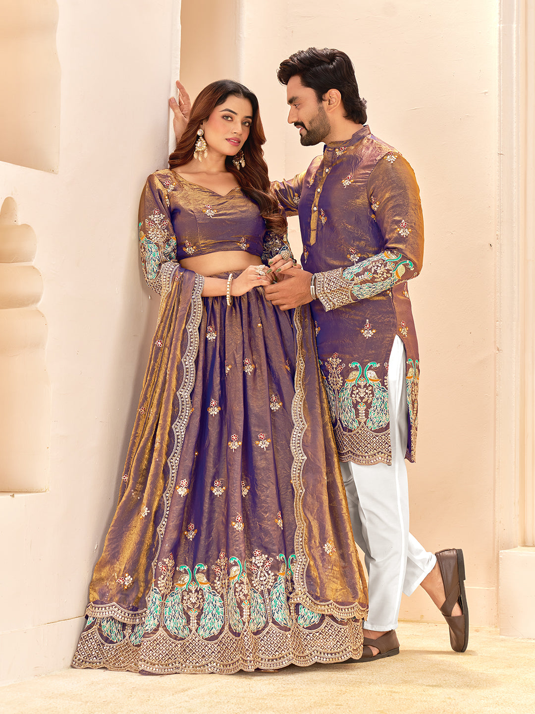 Purple Colour Fendi Silk  Sequins And Embroidery Lehenga And Kurta  Couple Set