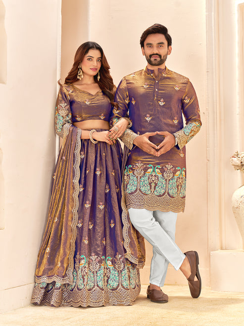 Purple Colour Fendi Silk  Sequins And Embroidery Lehenga And Kurta  Couple Set
