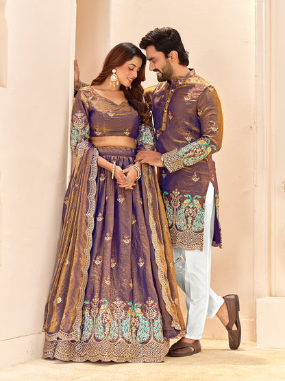 Purple Colour Fendi Silk  Sequins And Embroidery Lehenga And Kurta  Couple Set