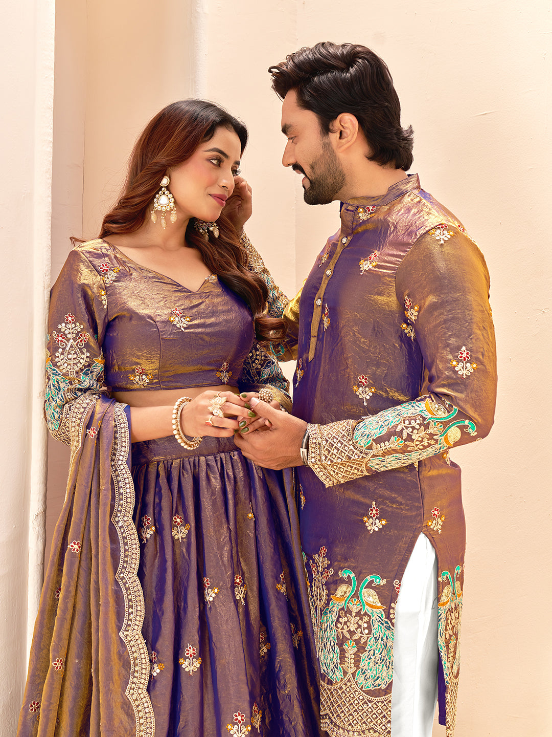 Purple Colour Fendi Silk  Sequins And Embroidery Lehenga And Kurta  Couple Set