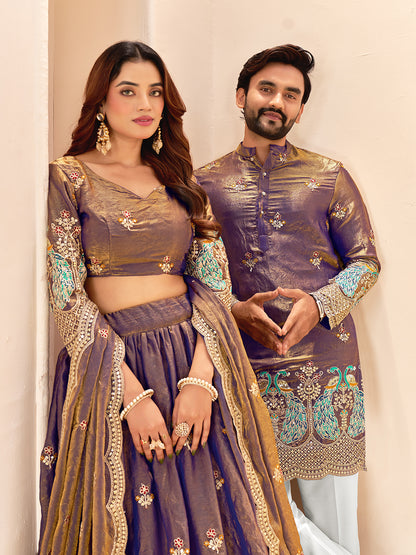 Purple Colour Fendi Silk  Sequins And Embroidery Lehenga And Kurta  Couple Set