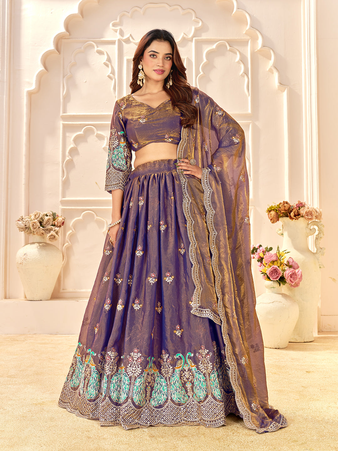 Purple Colour Fendi Silk  Sequins And Embroidery Lehenga And Kurta  Couple Set