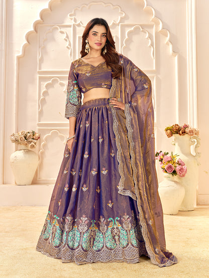 Purple Colour Fendi Silk  Sequins And Embroidery Lehenga And Kurta  Couple Set
