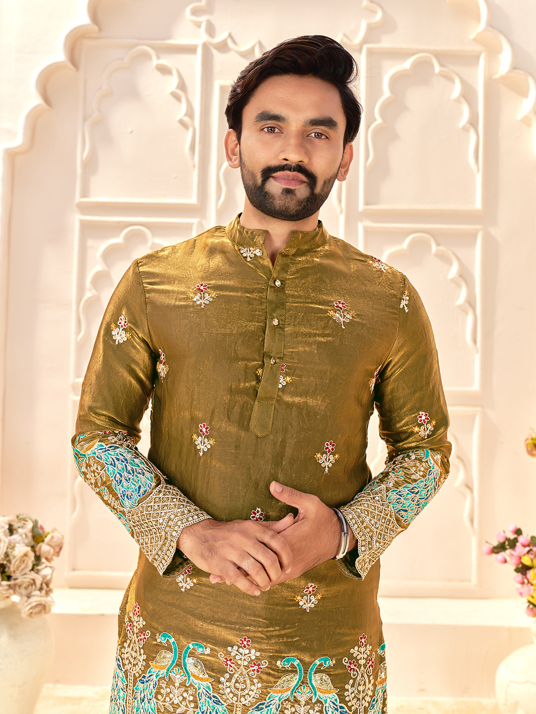 Gold Color Fendi Silk  Sequins And Embroidery Lehenga And Kurta  Couple Set